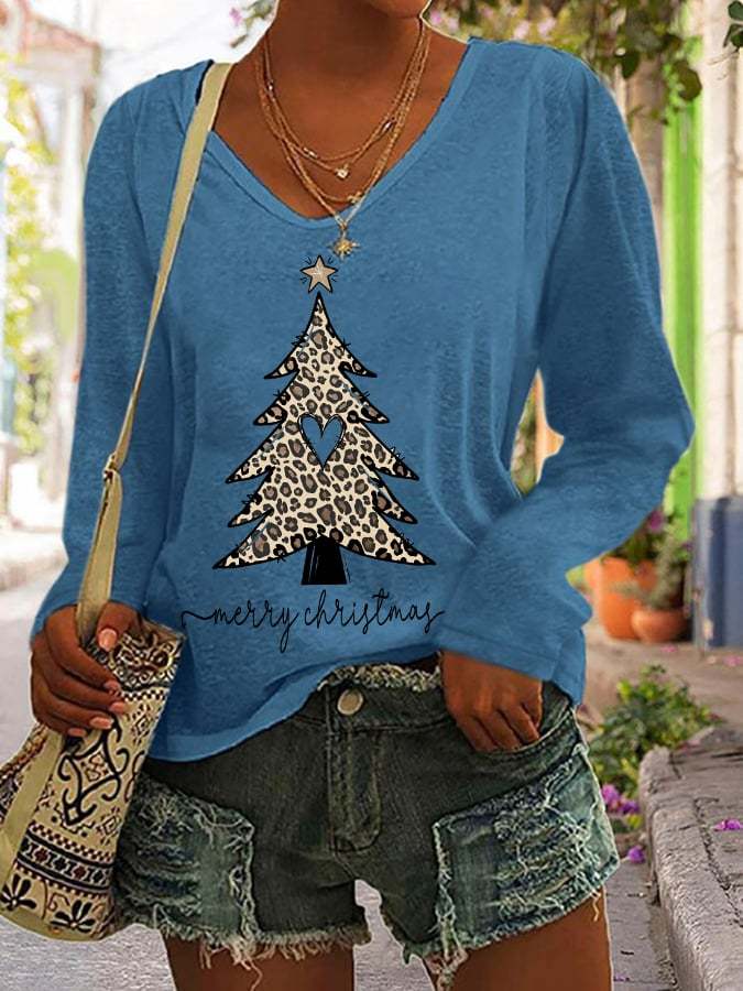 Women's Christmas Leopard Christmas Tree Print V-Neck Long Sleeve T-Shirt