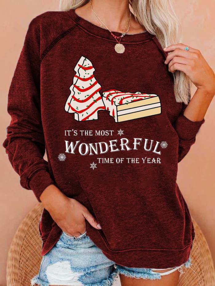 Women's Christmas Tree Cake Print Casual Crewneck Sweatshirt