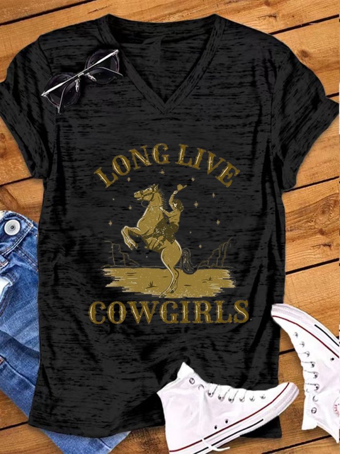 Women's Vintage Western Long Live Cowgirls Print Snowflake Dot T-Shirt