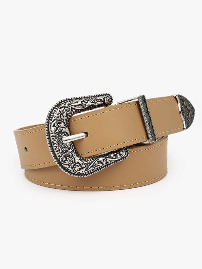 Wisherryy Western Vintage Carved Buckle Basic Belt