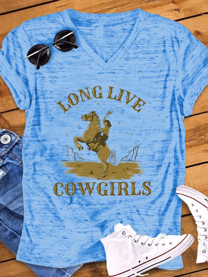 Women's Vintage Western Long Live Cowgirls Print Snowflake Dot T-Shirt