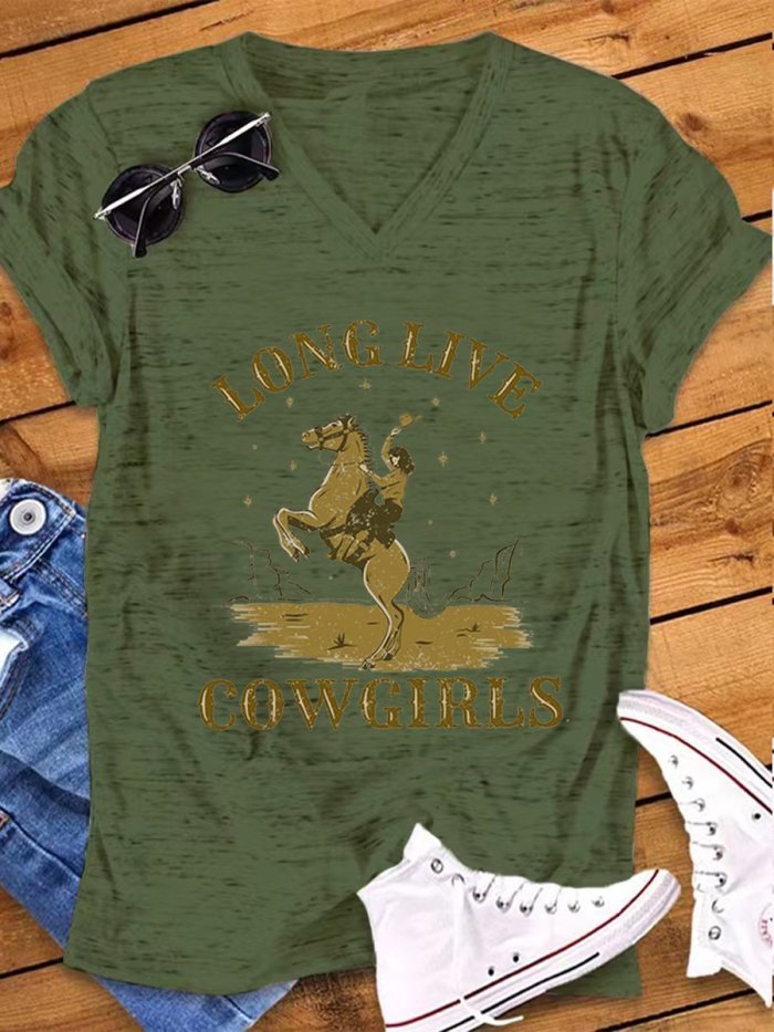 Women's Vintage Western Long Live Cowgirls Print Snowflake Dot T-Shirt