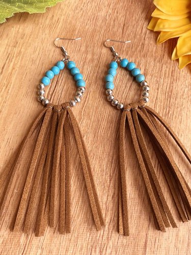 Western Denim Vintage Turquoise Leather Tassel Earrings