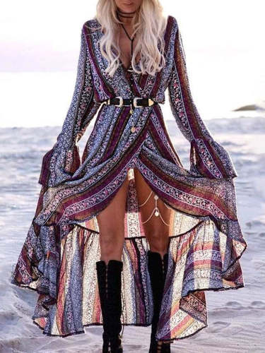 Wisherryy Boho Print Lace-Up Maxi Dress