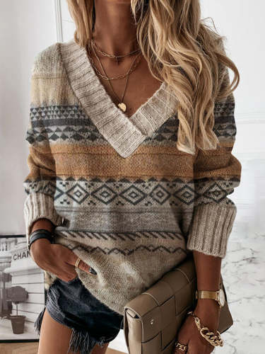 Ethnic Print V-Neck Long Sleeve Sweater