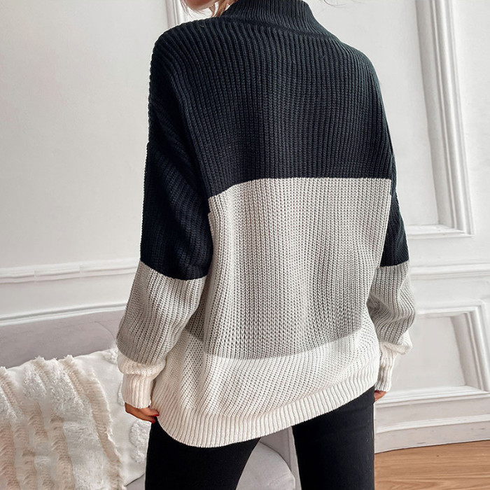 Fashion Colorblock Long Sleeve Loose Sweater