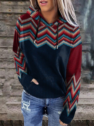 Vintage Contrast Wave Sweater Print Hoodie