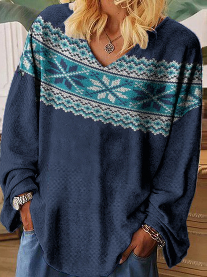 Vintage Icelandic Sweater Pattern Print V Neck T-Shirt