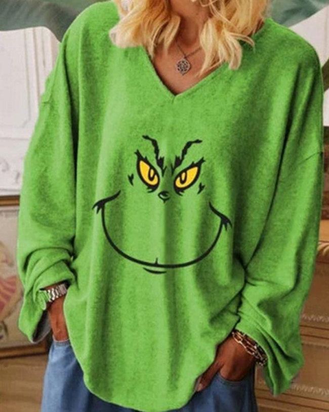 Christmas Letter Grinch Face Print Print Casual Long-Sleeve T-Shirt