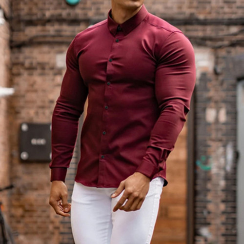 men's sports casual long-sleeved lapel shirt thin fitness business shirt