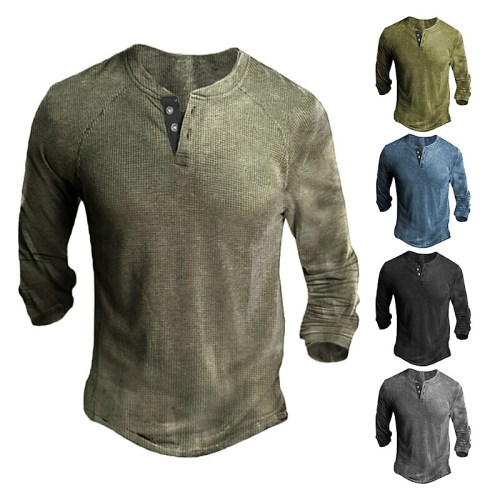 Men's Casual Solid Color Long Sleeve Button-Down Henley Shirt