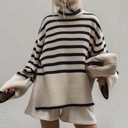 Simple Striped Turtleneck Long Sleeve Sweater