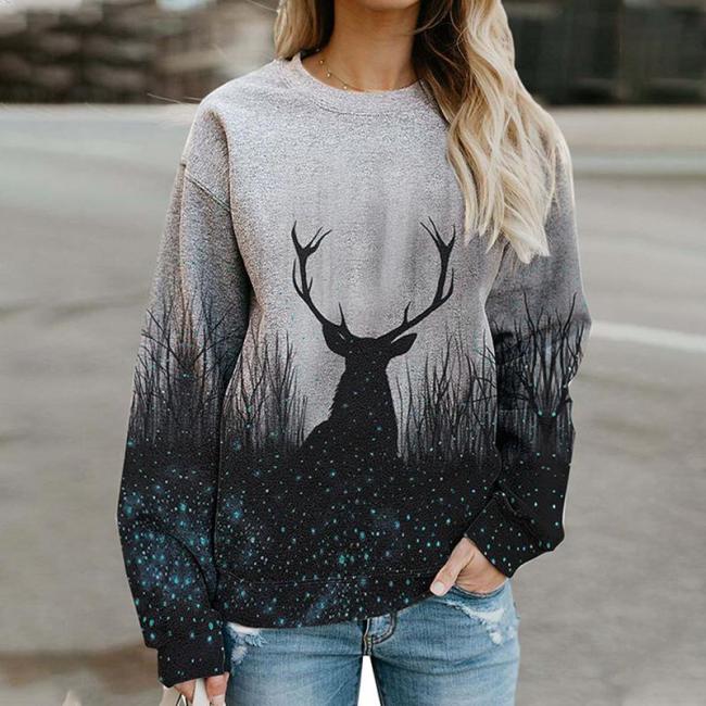 Halloween Elk Print Long Sleeve Sweatshirt
