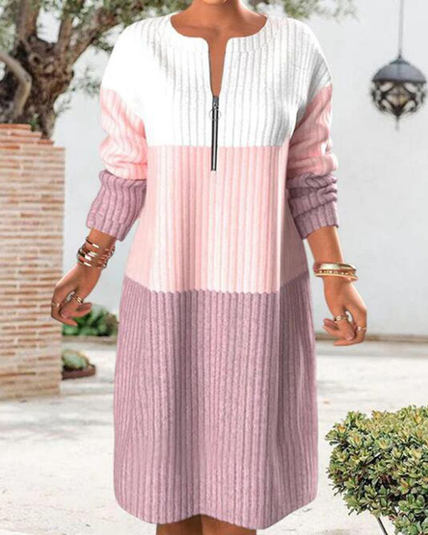 Contrast Paneled Long Sleeve Zip Knit Dress