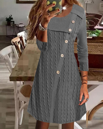 Casual Crew Neck Button Knit Long Sleeve Dress