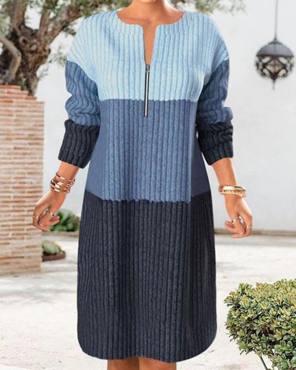 Contrast Paneled Long Sleeve Zip Knit Dress