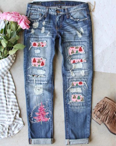 Pink Christmas Tree Leopard Print Loose Casual Pants