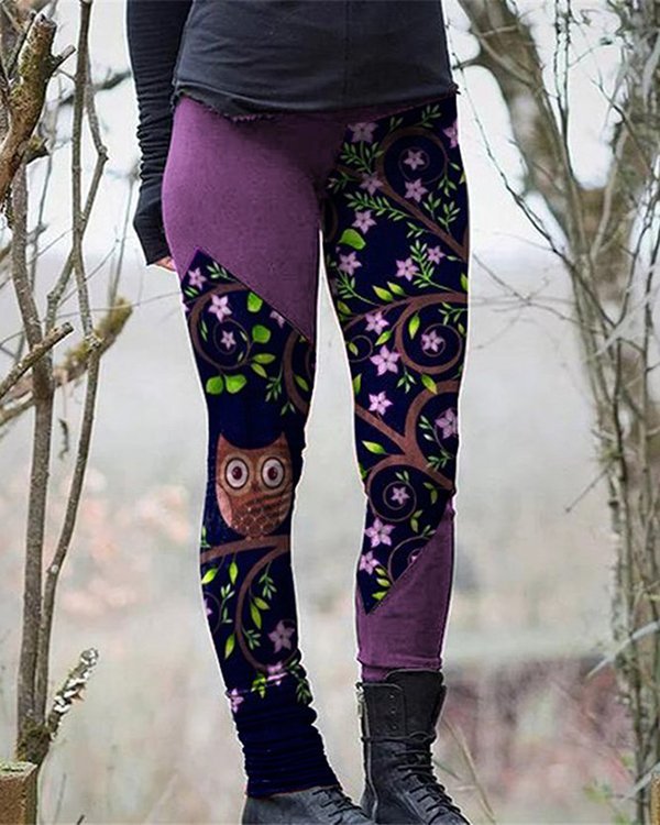 Vintage Owl Floral Panel Leggings