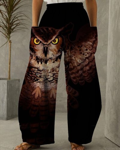 Women's Vintage Owl Print Loose Pants