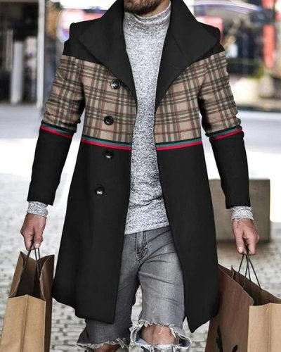 Men's Check Panel Long Sleeve Mid-Length Cardigan Trench Coat