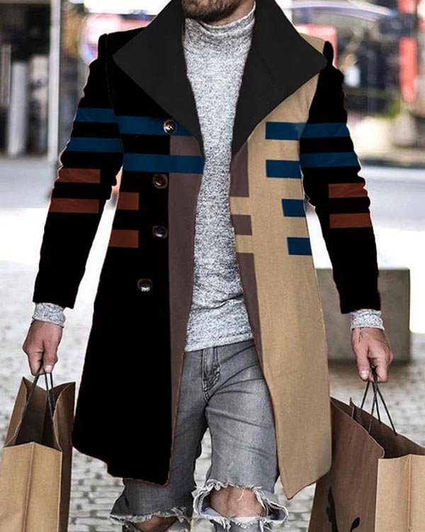 Men's Striped Patchwork Casual Long Sleeve Mid Length Cardigan Trench Coat