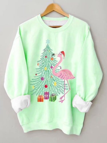 Women's Merry Christmas Flamingo&Tree Fun Print Casual Sweatshirt