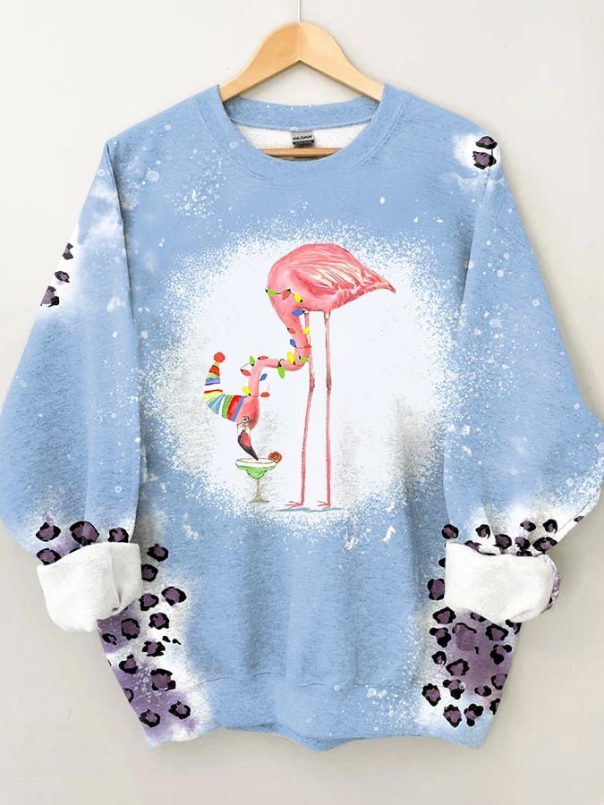 Women's Merry Christmas Flamingo Leopard Print Casual Sweatshirt