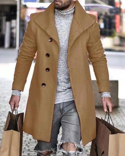 Men's Solid Color Long Sleeve Mid Length Cardigan Trench Coat