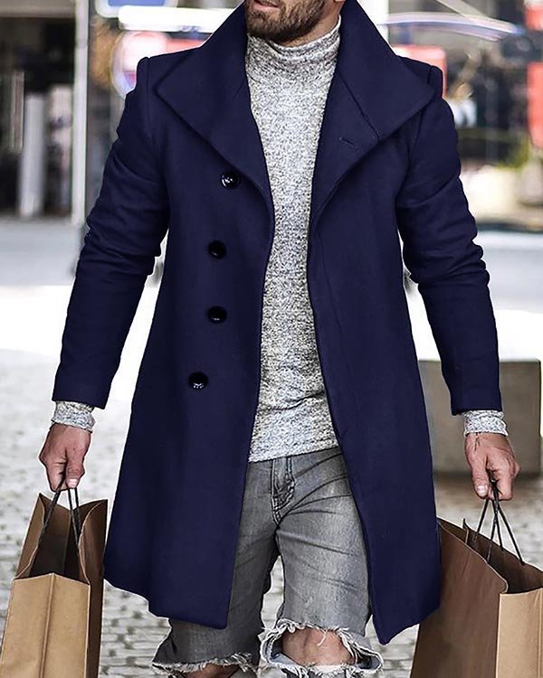 Men's Solid Color Long Sleeve Mid Length Cardigan Trench Coat