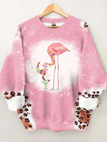 Women's Merry Christmas Flamingo Leopard Print Casual Sweatshirt