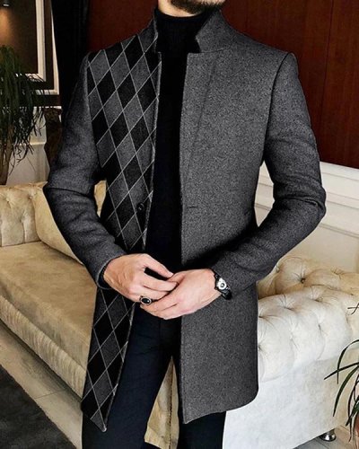 Men's Geometric Long Sleeve Mid Length Cardigan Trench Coat