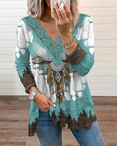 Western Lace V-Neck Long Sleeve Top
