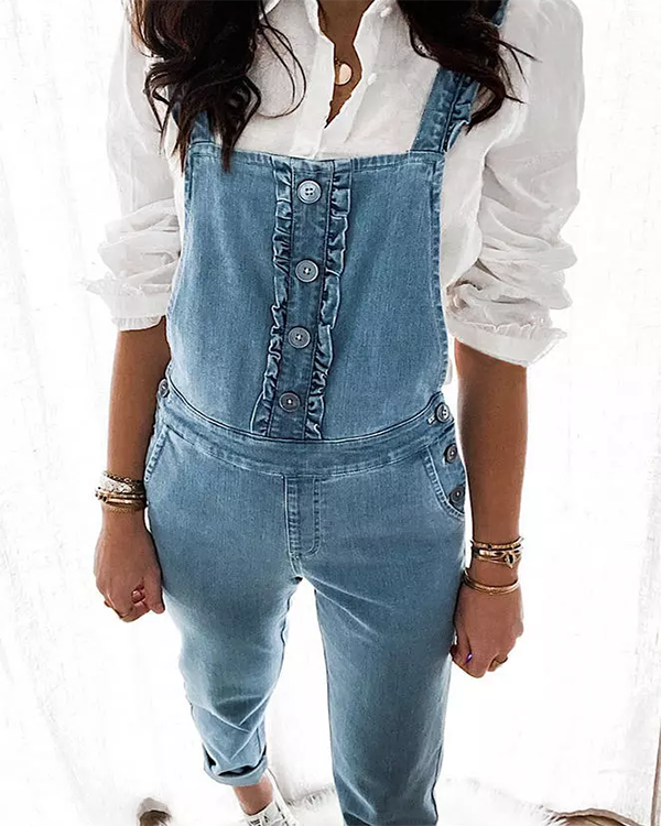 Button Pocket Denim Overall Jumpsuit