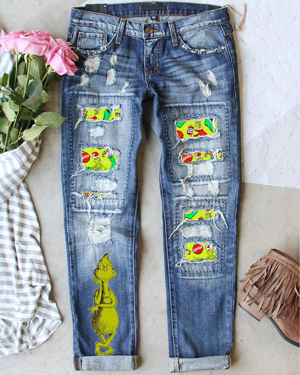 Women's Grinch Christmas Print Loose Jeans