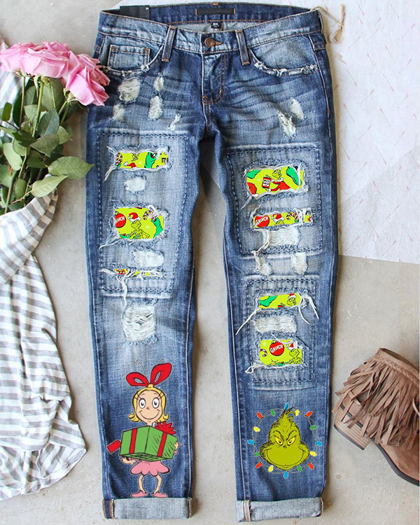 Women's Grinch Christmas Print Loose Jeans