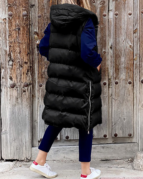 Solid Color Hooded Long Padded Breasted Vest