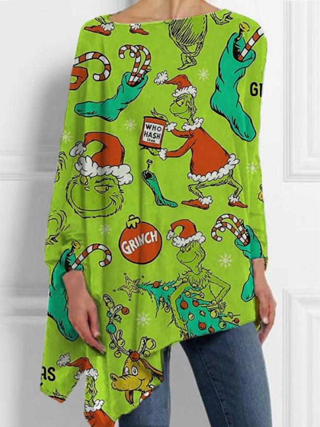 Women's Christmas Grinch Printed Irregular Top