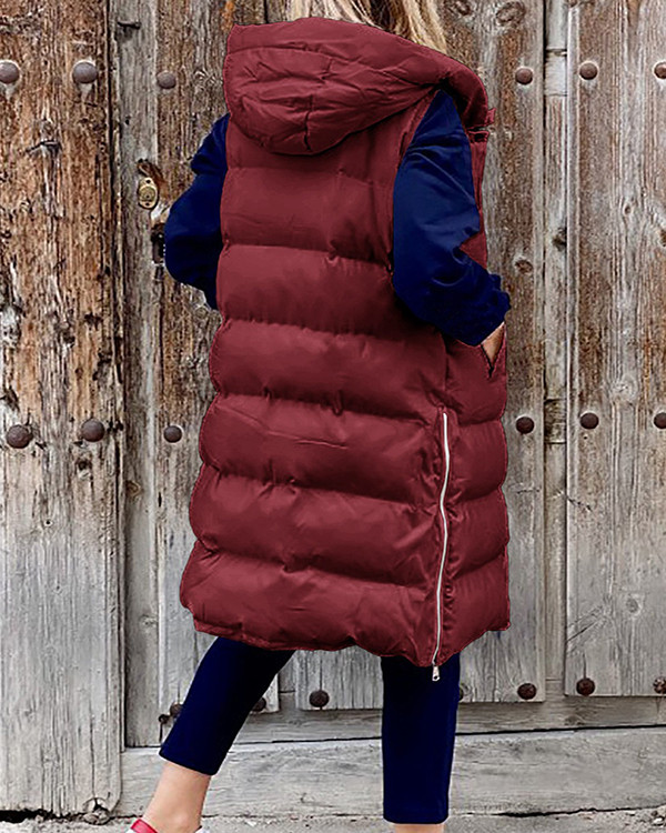 Solid Color Hooded Long Padded Breasted Vest