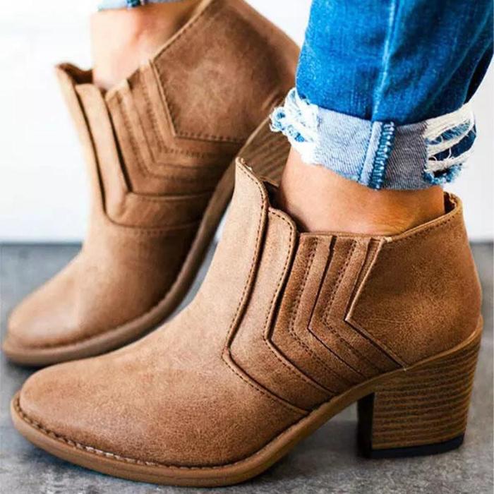 Ladies Chunky Heel Ankle Boots Slip On Round Toe Solid Brief Style Boots