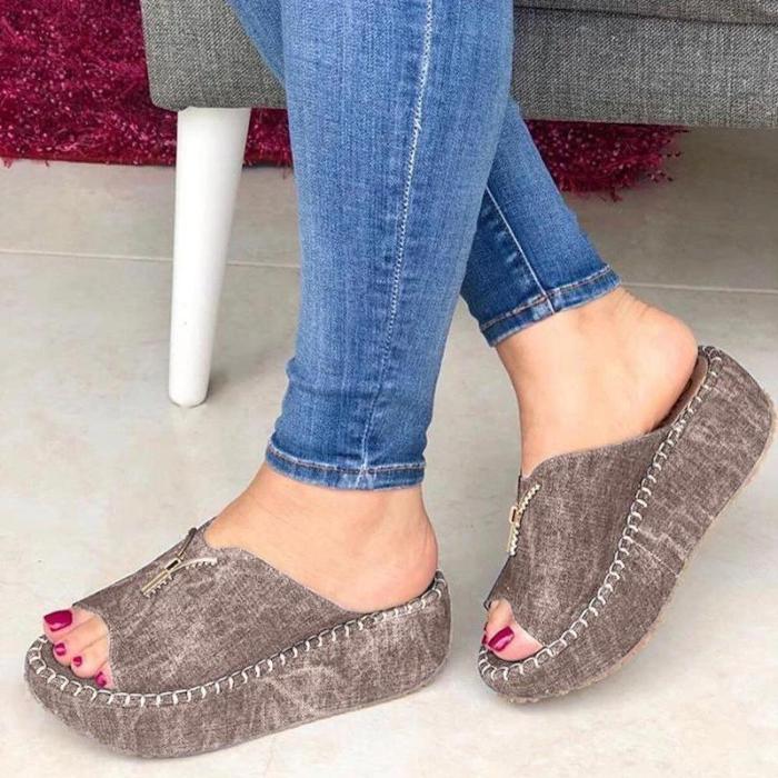 WOMEN CASUAL SUMMER SLIP ON ZIPPER WEDGE SANDALS