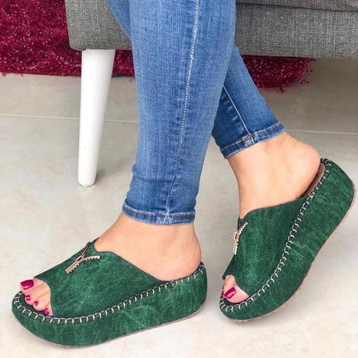 WOMEN CASUAL SUMMER SLIP ON ZIPPER WEDGE SANDALS