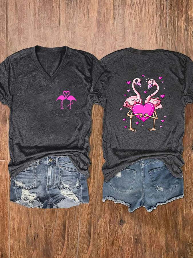 Flamingos With Heart Print V-Neck Short Sleeve T-Shirt