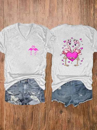 Flamingos With Heart Print V-Neck Short Sleeve T-Shirt