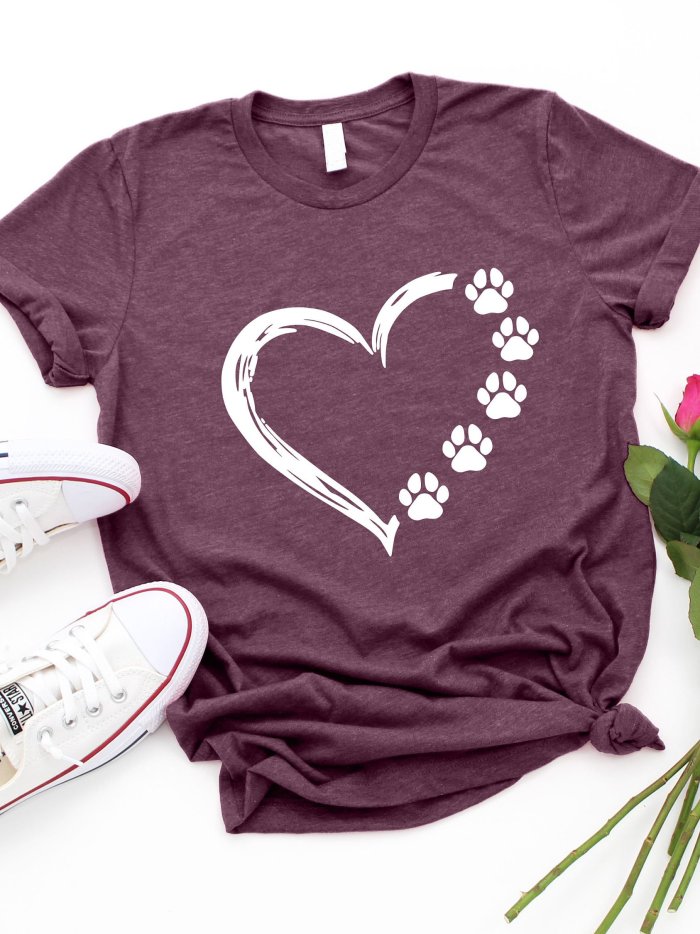 Women's Pet Lover Valentines Day Printed Round Neck Short Sleeve T-Shirt