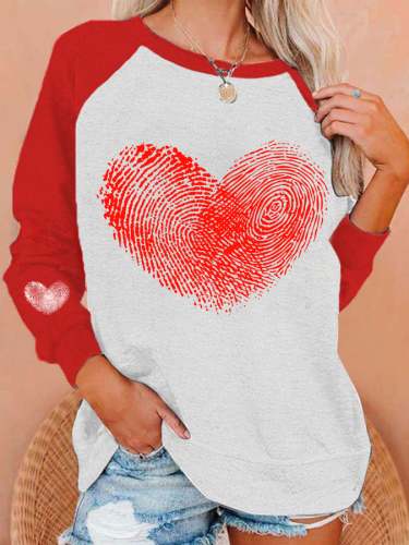 Women's Fingerprint Love Heart Print Casual Crewneck Sweatshirt