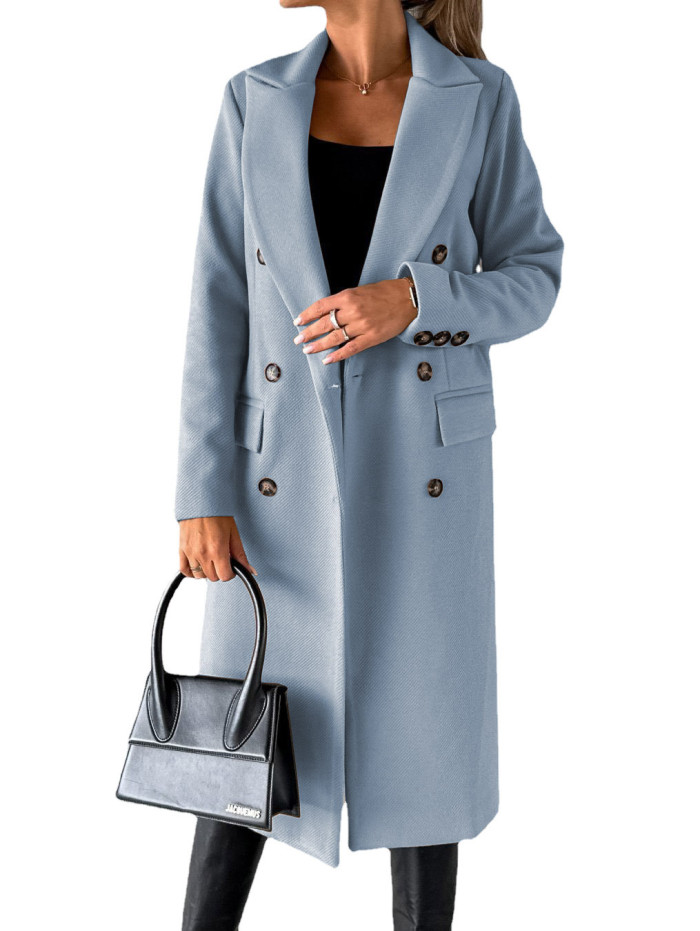 Long Sleeve Double Row Button Woolen Coat