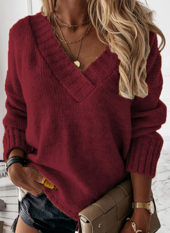 Women's Solid Color V Neck Fashion Casual Long Sleeve Sweater