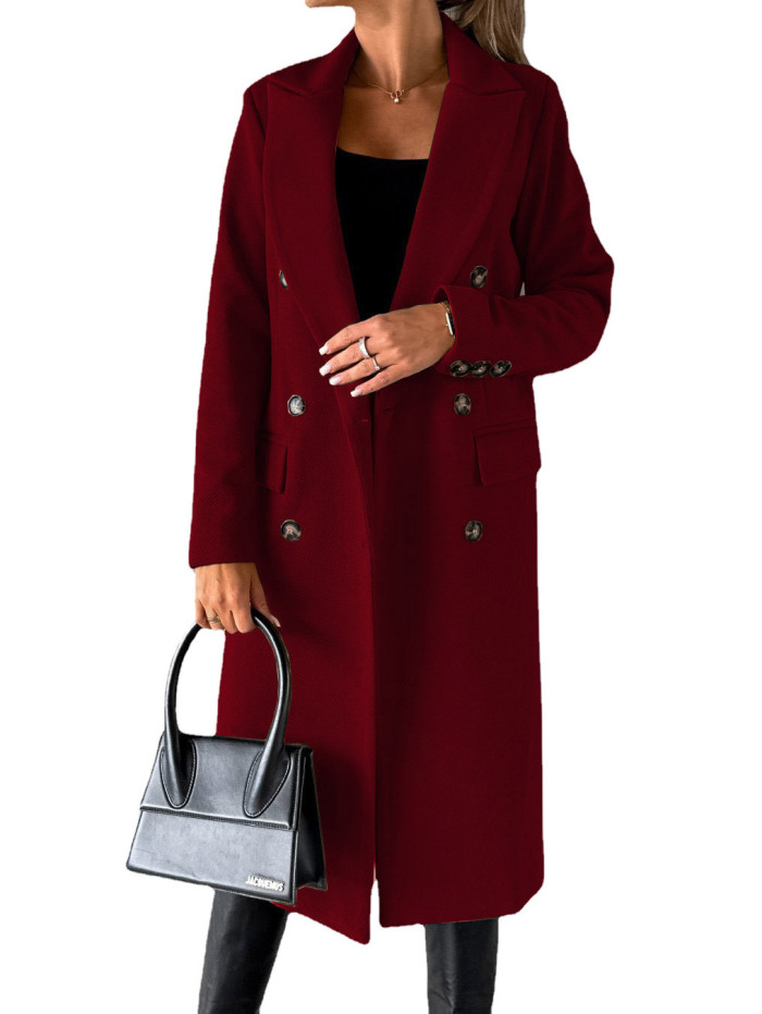 Long Sleeve Double Row Button Woolen Coat