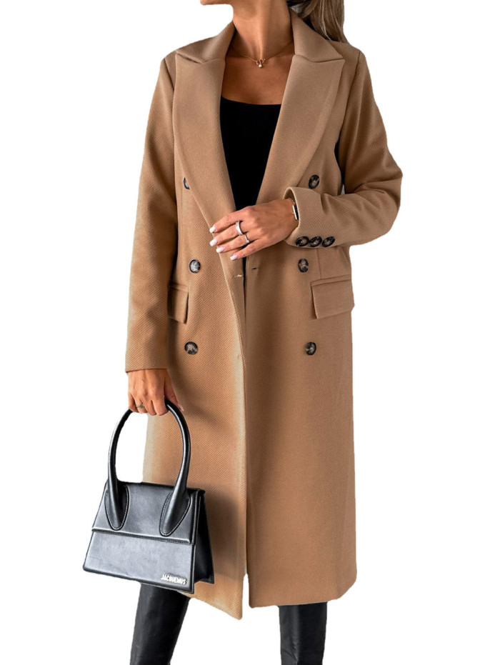 Long Sleeve Double Row Button Woolen Coat