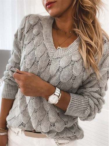 Winter New Sweater Knitted Feather Hollow V-neck Long Sleeve Sweater